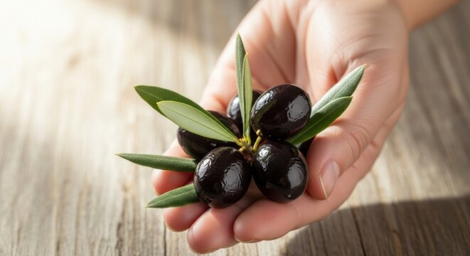 Hand holding black olives and green leaves on a wooden surface