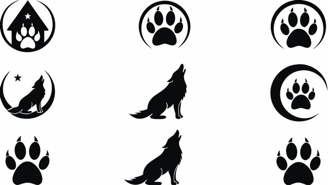 Striking wolf and paw print icons ready to use for animal-themed designs, perfect for logos, branding, and creative projects, versatile black and white elements