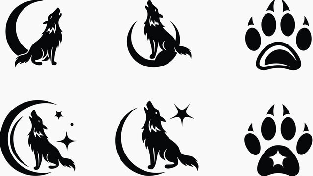 Majestic howling wolf silhouettes with moon and stars, perfect for logo designs, brand identities, and captivating animal-themed illustrations in modern style