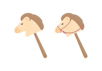 A horse head on a wooden stick, a toy, on a white background. Hobbyhorsing. A sport element.