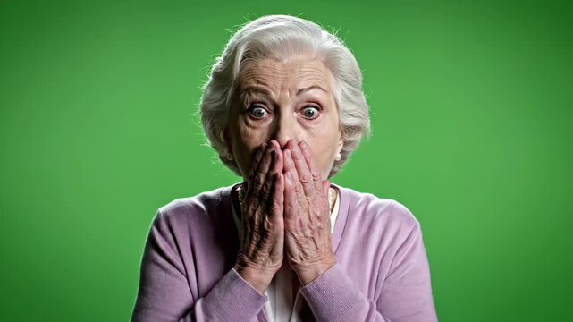 Shocked Senior Woman Gasps in Astonishment Covering Mouth in Disbelief on Green Screen Background