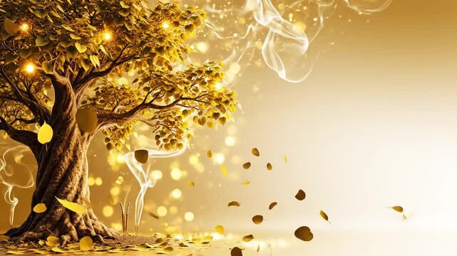 Bodhi Day banner, Bodhi tree with glowing golden leaves gently falling, peaceful incense smoke drifting upward