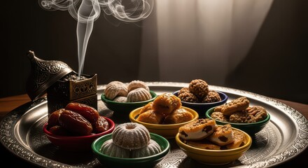 Delicious Middle Eastern sweets and dates with aromatic incense filling the air, perfect for Ramadan, Eid, or festive gatherings with loved ones