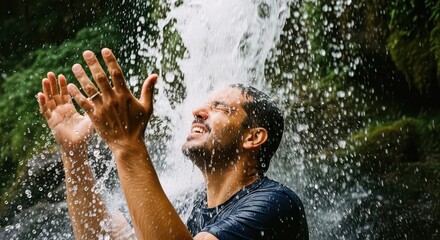 Fototapeta premium Man experiencing refreshing waterfall shower, feeling invigorated and free in nature, a moment of pure joy and connection with the natural world