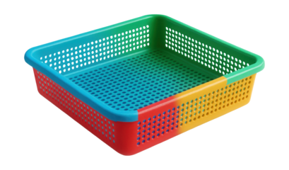 Colorful plastic mesh tray ideal for organizing kids' art supplies in a playroom.