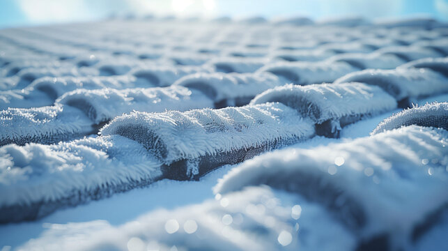 Frozen rooftop covered in snow with frost details in winter  
