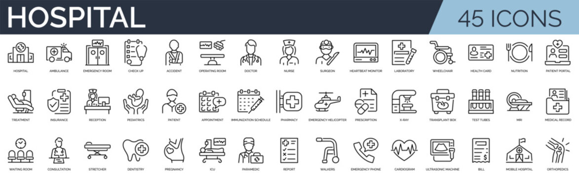 Set of 45 outline icons related to hospital. Linear icon collection. Editable stroke. Vector illustration