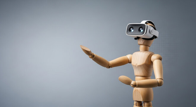 VRゴーグルを装着しメタバース空間を体験するデッサン人形 - Powered by Adobe