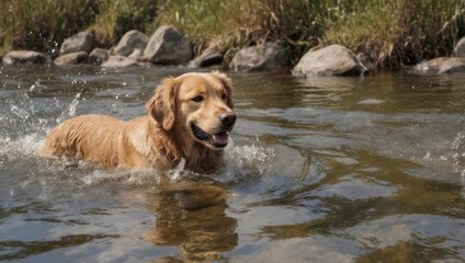 Golden Retriever Dog Swimming Happily in a Clear River on a Sunny Day.