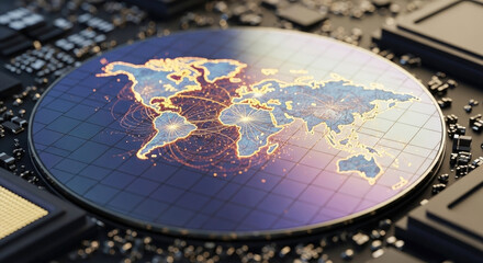 Glowing World Map on a Silicon Wafer, Visualizing a Luminous Glo