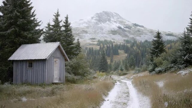 Small weathered wooden shed beside a snowy dirt road, surrounded by pine trees with a snow‑capped mountain in the background.
