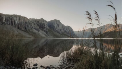 Fototapeta premium Serene Mountain Lake Reflection with Tall Grasses at Sunset.