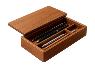 Wooden tray with removable lid for organizing writing supplies on a desk.