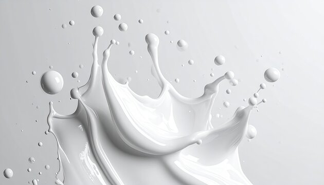 Smooth white liquid splash, droplets, and wave form