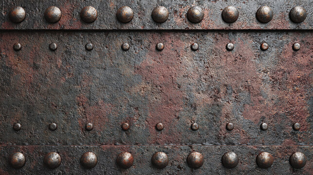 A close-up of a weathered, riveted metal surface, evoking a sense of age and industrial texture