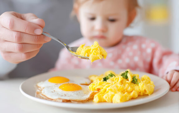 Family enjoys meal together with authentic breakfast items including scrambled eggs and fried eggs. warm atmosphere highlights bond shared during this special moment