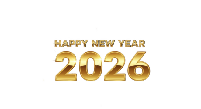 Golden happy new year 2026 text isolated on transparent background