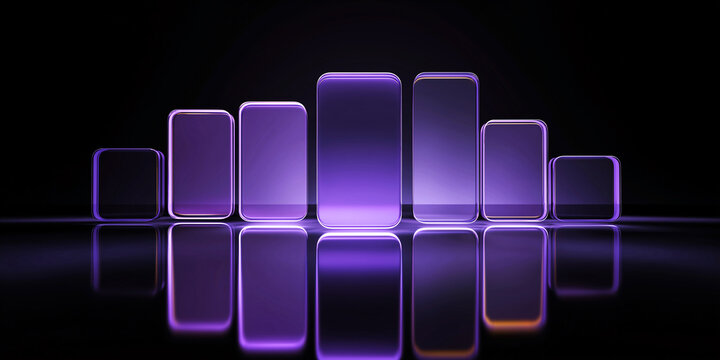 Abstract purple glass bars glowing on a black reflective surface, symmetrical layout resembling a data chart. Ideal for tech, finance, or futuristic design themes.