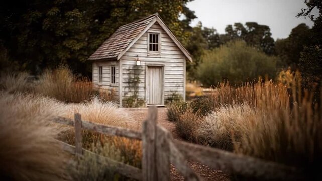 A small, weathered white wooden shed in a field with tall grasses and a rustic wooden fence.
