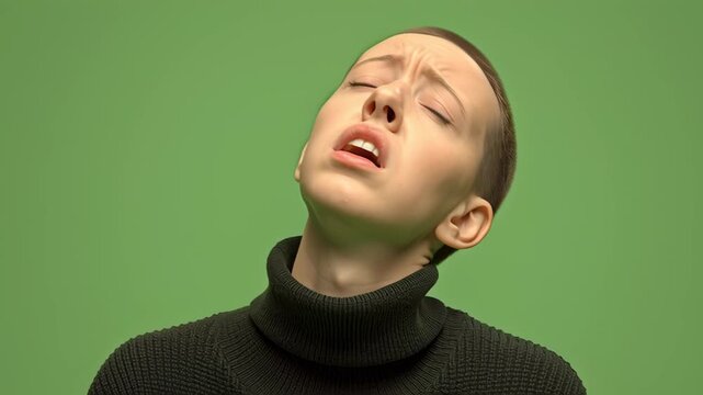Young Woman with Short Hair and Closed Eyes Expressing Discomfort or Pain Against a Green Background