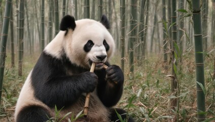 Obraz premium Giant Panda Eating Bamboo in a Lush Forest.