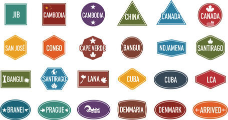 Country label vector set, travel badge icons, global city stamps, colorful destination graphics, flat design, tourism illustration pack