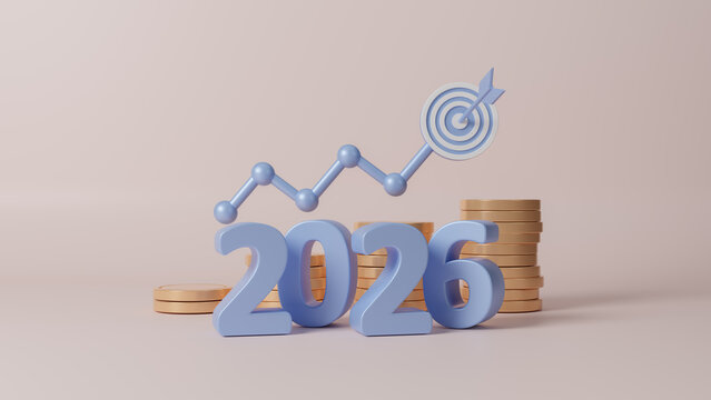 2026 Business analyzing, saving money and financial plan concept. business growth, profit and succeed Development to achieve the 2026 target. Strategic planning. Success strategy. 3d rendering
