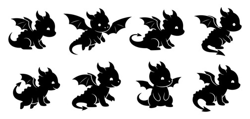 Baby dragon silhouette set. Shapes created with high quality. Cute small dragons appear in playful poses and friendly rounded forms