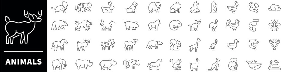 Animals line icons. Set of outline icons related to animals and pets. Animals thin line icons collection. Animal logo set
