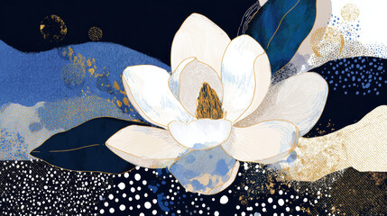 Magnolia flower with blue leaves, gold accents, abstract boho style, elegant floral art, modern decorative design