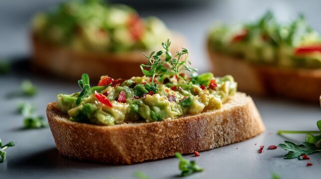 A slice of bread with avocado and herbs on top. The bread is brown and the herbs are green