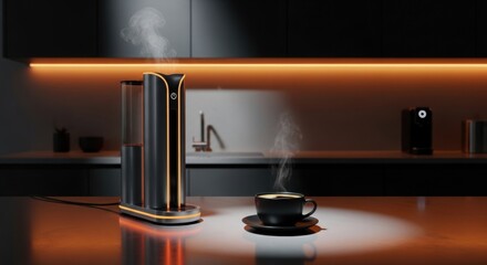Coffee maker and cup on kitchen counter