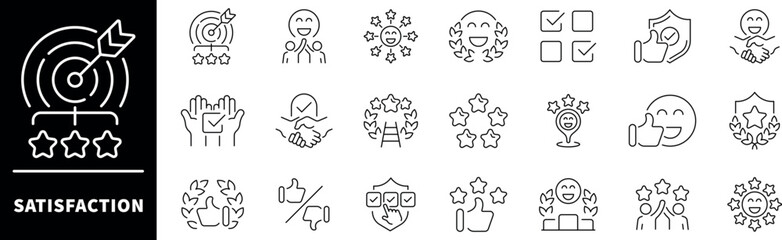 Set of outline icons related to satisfaction and feedback. Customer satisfaction linear vector icons. Review, customer experience, client satisfaction, review, feedback vector Icons set