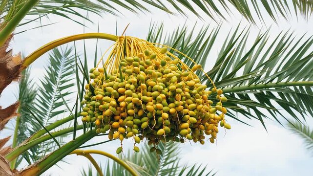 Large cluster of young dates static low-angle shot, hanging on a palm tree. Tropical fruit, exotic food, and fresh raw desert harvest.