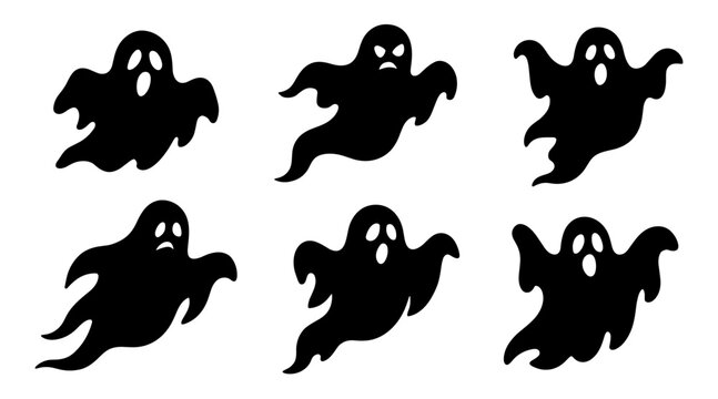 Ghost silhouette set. Shapes created with high quality. Floating spooky spirits appear with emotional expressions and simple rounded shapes