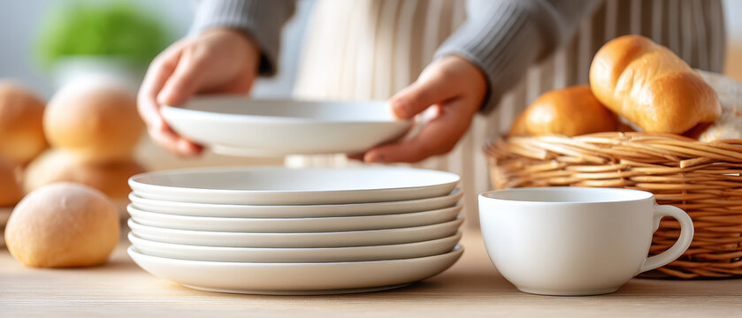 Setting authentic family table with neatly stacked plates and cozy basket of fresh bread creates warm atmosphere for gatherings