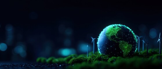 Glowing Digital Earth and Wind Turbines on Green Landscape for Sustainable Future