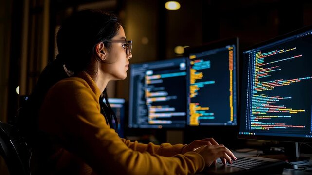 Developer coding computer software code on screen, glasses in dark night office focused developer at desk, multi monitor colorful code workspace