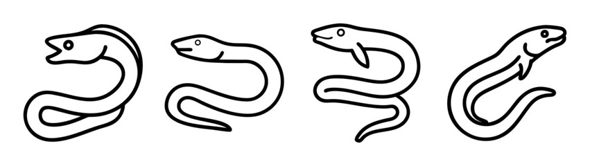 Eel illustration set, cartoon eel drawing, black and white eel image, aquatic animal art