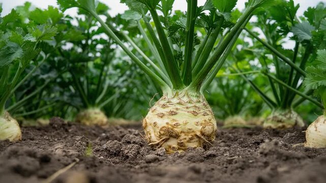 Large celeriac root static eye-level shot, partially exposed in dark soil. Healthy vegetable, organic farming, and harvest concept.