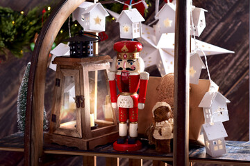 Christmas decoration with Vintage style lantern and nutcracker toy soldier