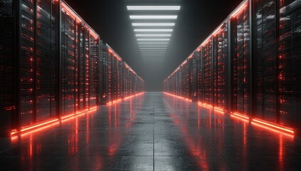 Futuristic data center hallway with glowing red lights and servers, reflecting on the floor