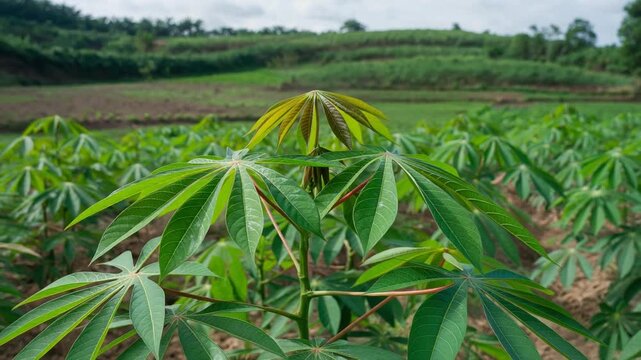 Young cassava plant wide static shot in a farm field. Root vegetable, staple crop, tropical agriculture, and sustainable food source.