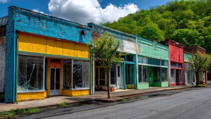 Obraz premium Dilapidated storefronts with colorful paint against a green, wooded hillside