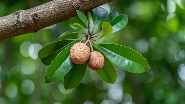 Ripe Sapodilla fruit cluster close-up hanging on a branch. Tropical fruit, sweet exotic food, and organic farming harvest.