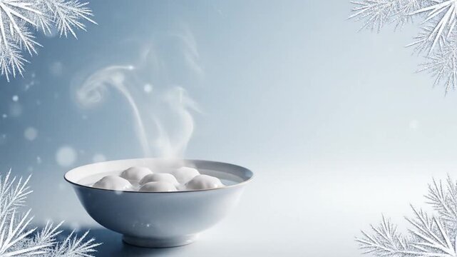 Dongzhi Festival banner video, elegant porcelain bowl of Tangyuan with realistic steam, frost texture edges appearing softly