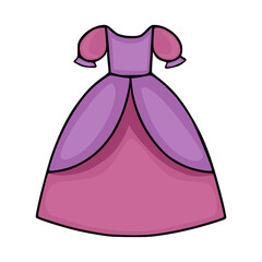 A charming vector illustration of a princess ball gown in delicate shades of pink and lavender, featuring puffed sleeves and a full, layered skirt.