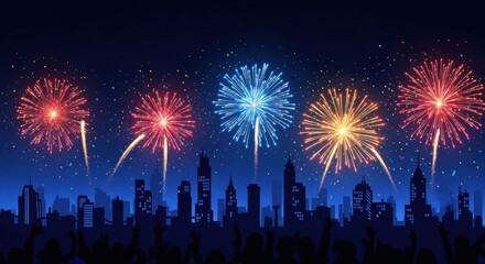 Fireworks over city skyline at night