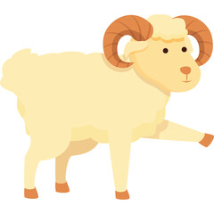 Cartoon Ram With Golden Horns And Light Yellow Fleece Standing On Transparent Background With One Leg Raised