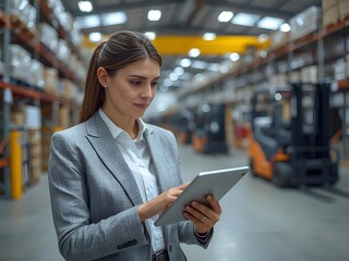 Efficient woman managing warehouse inventory with tablet, modern supply chain